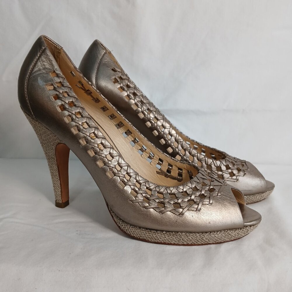 COLE HAAN VINTAGE "GEENA" METALLIC OPEN-TOED PUMPS SIZE 7.5
